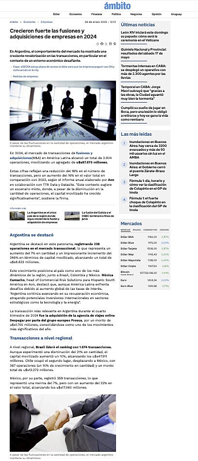 El mercado transaccional de Argentina ms que triplica en 2024 el capital movilizado respecto a 2023